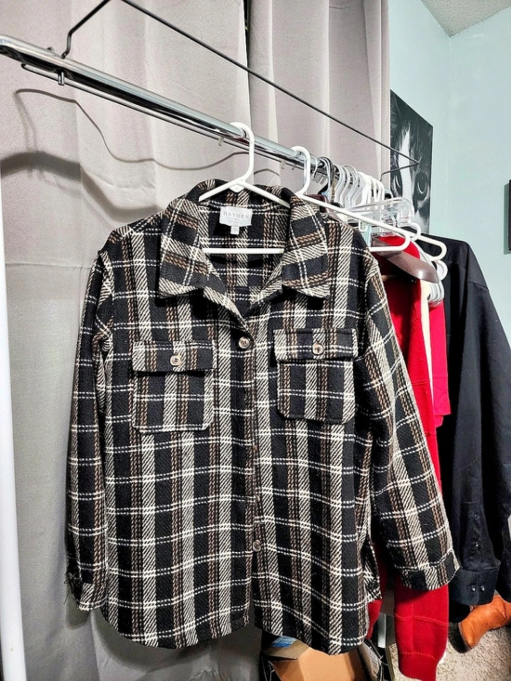 HAYDEN Plaid Shirt Jacket in Black & Brown Size Large